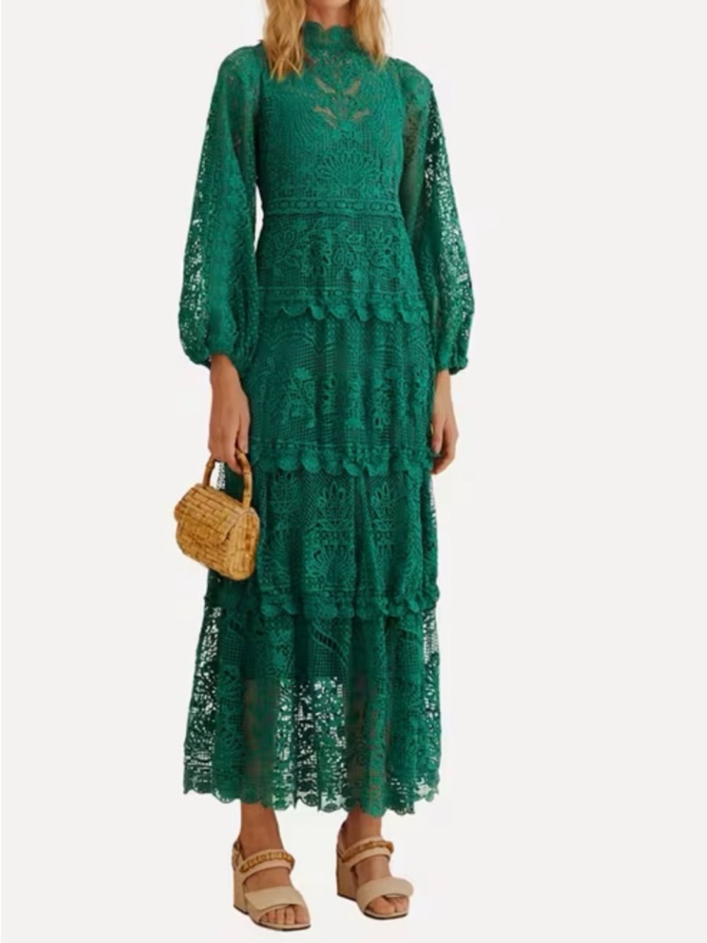 FARM Rio Emerald Green Lace Tiered Maxi Dress